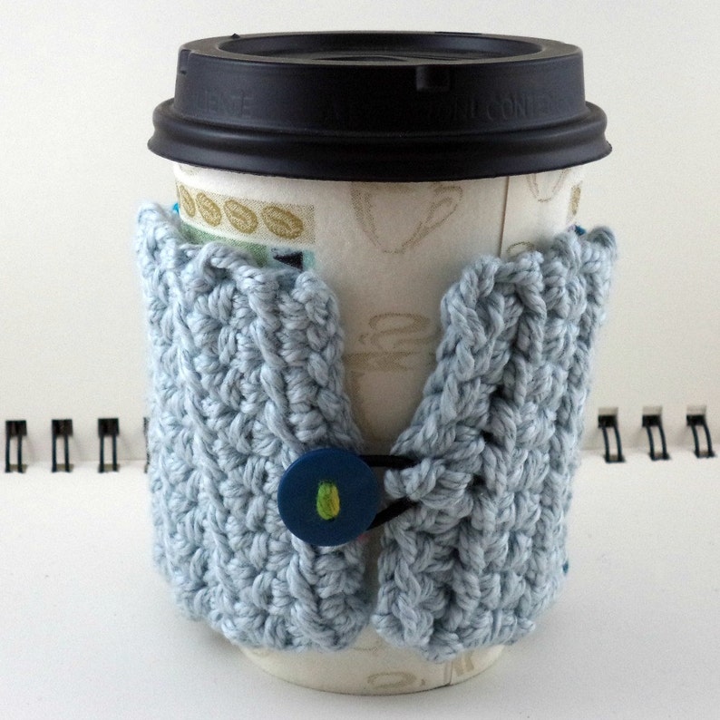 and Green Cotton-Silk Blend with Blue Button Crocheted Coffee or Ice Cream Cozy with Pocket in Blues Orange SWG-E02