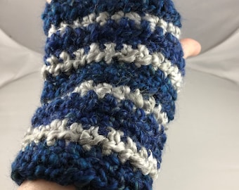 Blue and Light Gray Striped Crocheted Wrist Warmers (size M-L) (SWG-WW-MH22)