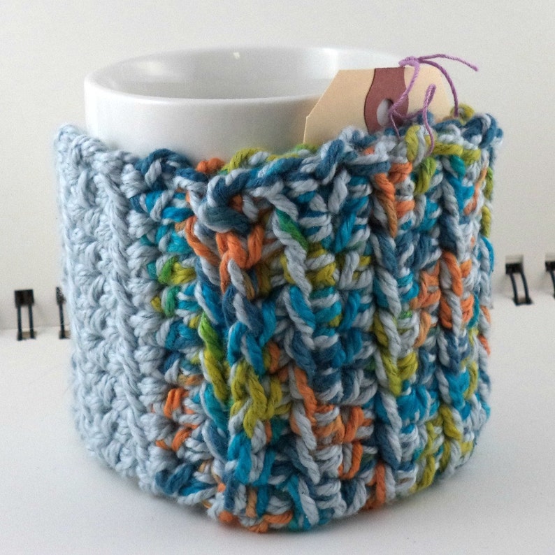 and Green Cotton-Silk Blend with Blue Button Crocheted Coffee or Ice Cream Cozy with Pocket in Blues Orange SWG-E02