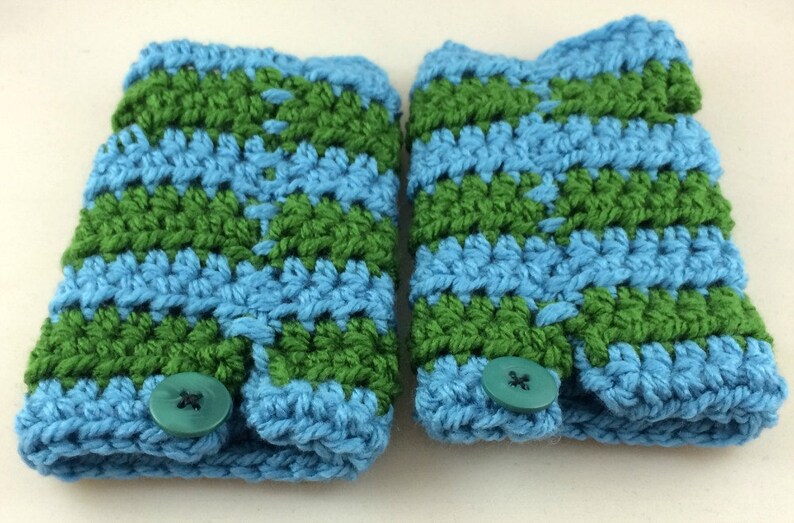 Light Blue and Spring Green Striped Crocheted Wrist Warmers size S-M SWG-WW-SJ12 image 5