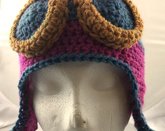 Crocheted Aviator's Helmet in Magenta and Blue-Gray with Gold Rimmed Goggles - Size S (ready-made)