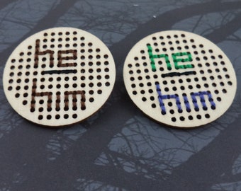 Cross-Stitched Pronoun Pins - He/Him (small)