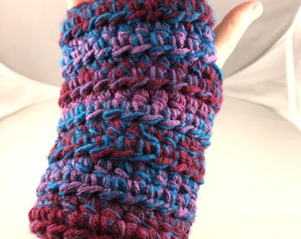 Multicolored and Burgundy Striped Crocheted Wrist Warmers (size M-L) (SWG-WW-MJ25)