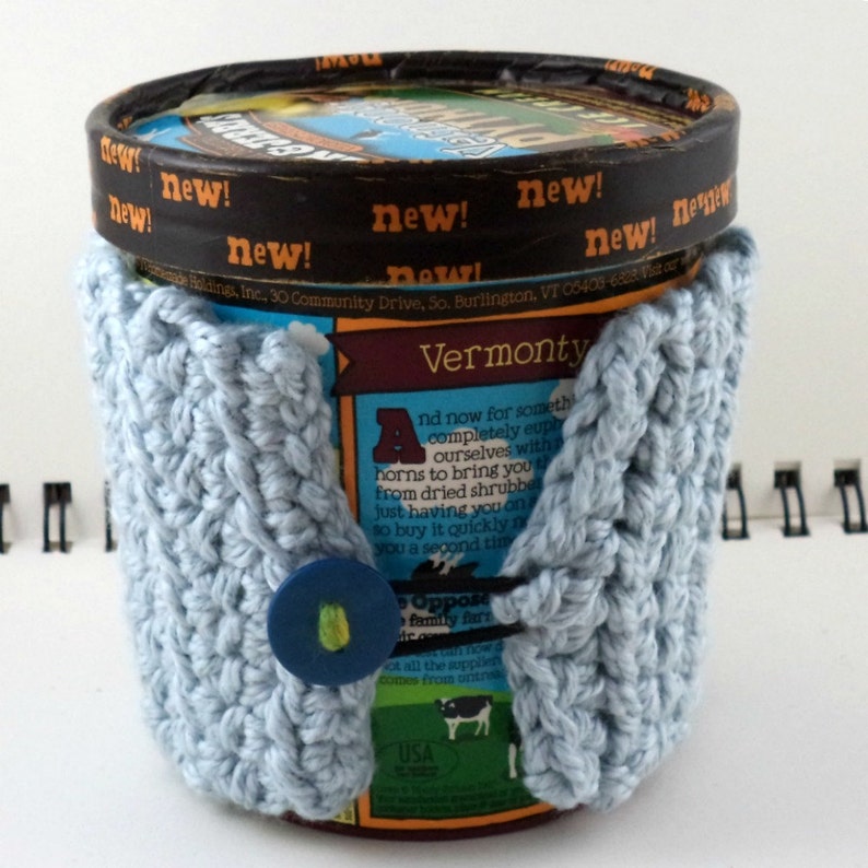 and Green Cotton-Silk Blend with Blue Button Crocheted Coffee or Ice Cream Cozy with Pocket in Blues Orange SWG-E02