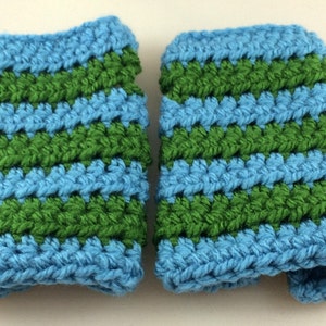 Light Blue and Spring Green Striped Crocheted Wrist Warmers size S-M SWG-WW-SJ12 image 4