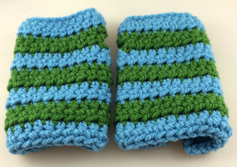 Light Blue and Spring Green Striped Crocheted Wrist Warmers size S-M SWG-WW-SJ12 image 4