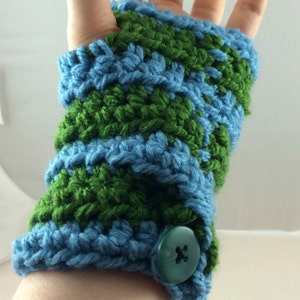 Light Blue and Spring Green Striped Crocheted Wrist Warmers size S-M SWG-WW-SJ12 image 3