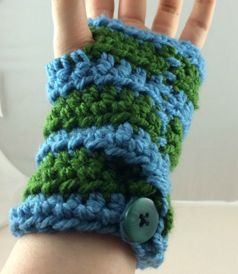 Light Blue and Spring Green Striped Crocheted Wrist Warmers size S-M SWG-WW-SJ12 image 3