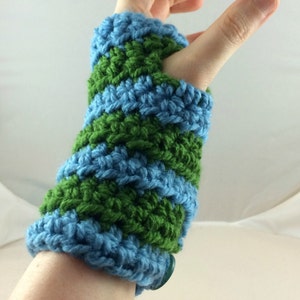 Light Blue and Spring Green Striped Crocheted Wrist Warmers size S-M SWG-WW-SJ12 image 2