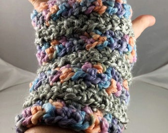 Pastel and Light Gray Striped Crocheted Wrist Warmers (size M-L) (SWG-WW-MH24)