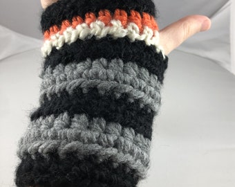 Black, White, Gray, and Orange Striped Crocheted Wrist Warmers (size S-M) (SWG-WW-SJ20)