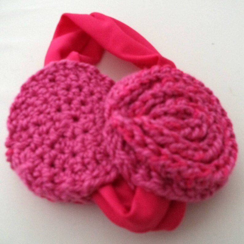 SWG-HH-GGSURQ03 Sparkly Pink Rose Crocheted Earmuffs Headband