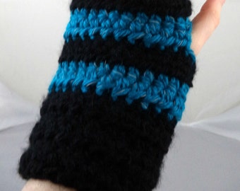 Black and Reflective Aqua Striped Crocheted Wrist Warmers (size M-L) (SWG-WW-MJ14)