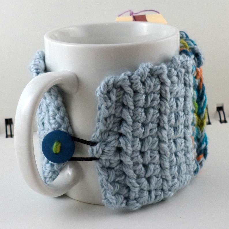 and Green Cotton-Silk Blend with Blue Button Crocheted Coffee or Ice Cream Cozy with Pocket in Blues Orange SWG-E02