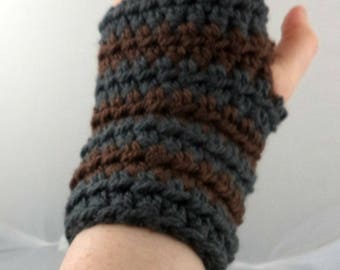 Dark Gray and Brown Striped Crocheted Wrist Warmers (size S-M) (SWG-WW-SJ14)