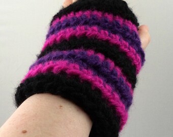 Black, Hot Pink, and Purple Striped Crocheted Wrist Warmers (size M-L) (SWG-WW-MJ07)