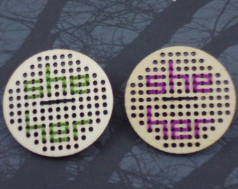 Cross-Stitched Pronoun Pins - She/Her (small)