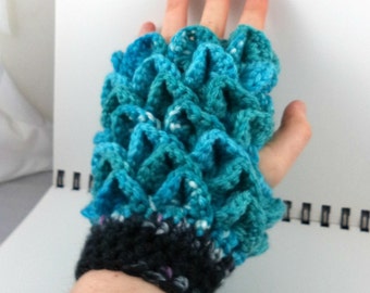 Aqua, Black, and Pink Dragon Scale Crocheted Wrist Warmers (size S-M) (SWG-WD-SA01)