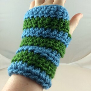 Light Blue and Spring Green Striped Crocheted Wrist Warmers size S-M SWG-WW-SJ12 image 1