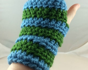 Light Blue and Spring Green Striped Crocheted Wrist Warmers (size S-M) (SWG-WW-SJ12)