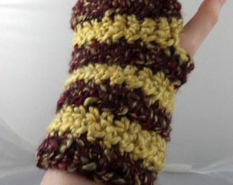 Burgundy and Yellow Striped Crocheted Wrist Warmers (size S-M) (SWG-WW-SH17)