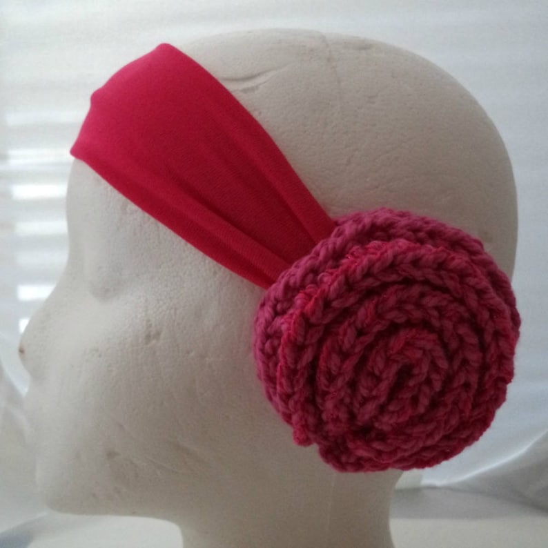 SWG-HH-GGSURQ03 Sparkly Pink Rose Crocheted Earmuffs Headband