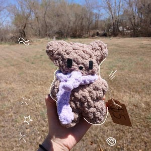 May include: A crocheted brown teddy bear wearing a purple scarf. The bear is being held in a hand with a price tag that says "$5".