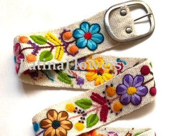 Ceintures brodées à la main Floral Off White coloré ceintures brodées péruviennes ceinture ethnique florale boho ceinture cadeaux en laine pour son floral