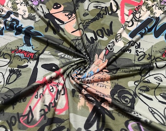 Stretch Polyester Knit Fabric Graffiti Print 1-1/2 Yards