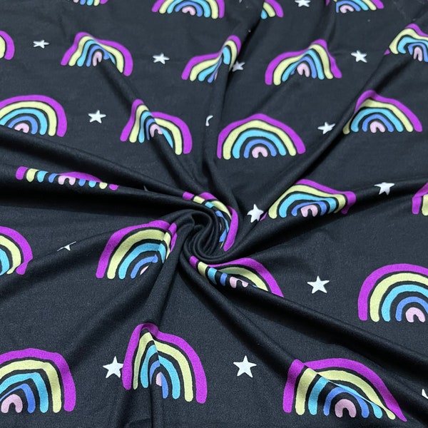 Soft Brushed Stretch Knit Rainbow Stars Print  1 Yard