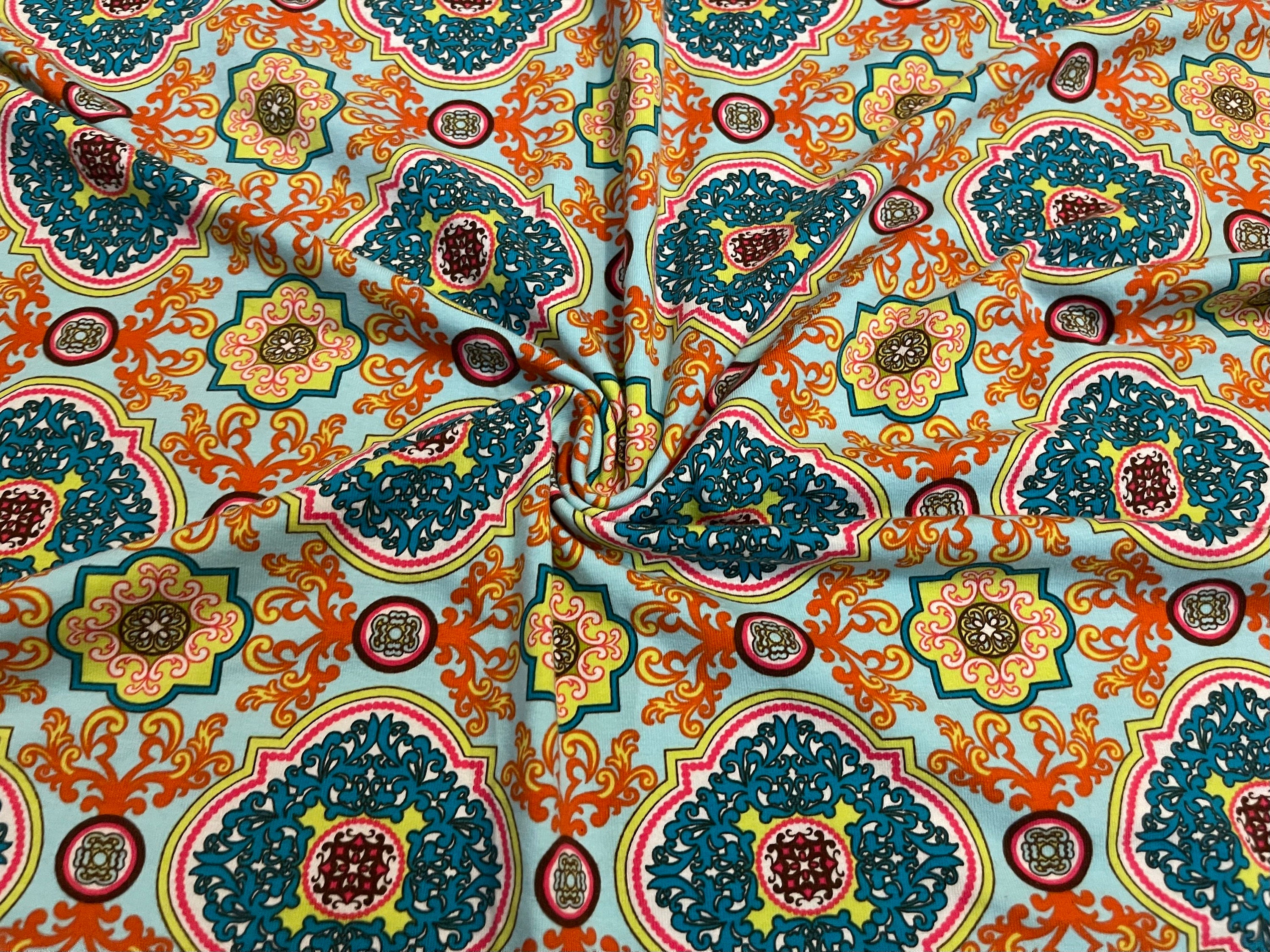 Spandex Knit Fabric Floral Tiles Print 1-Yard