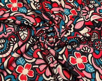 Stretch Knit Soft Brushed Fabric Retro Floral Print 1 Yard