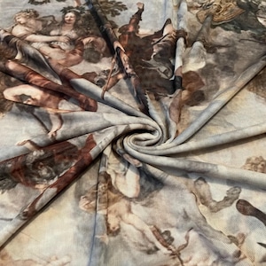 May include: A close-up of a sheer fabric with a Renaissance-style print. The fabric features a swirling pattern with figures in shades of brown, beige, and blue. The design appears to be a classical painting with detailed figures and scenes.