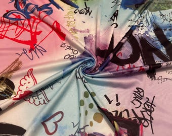 Stretch Polyester Knit Fabric Graffiti Print 1 Yard