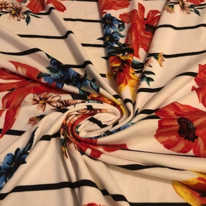 Soft Brushed Stretch Knit Floral Stripes Print 1 Yard