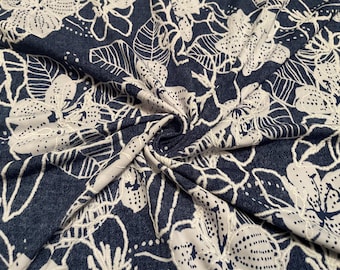 Stretch Knit ITY Fabric Puff Floral Over Denim Pattern 1-3/8 Yards