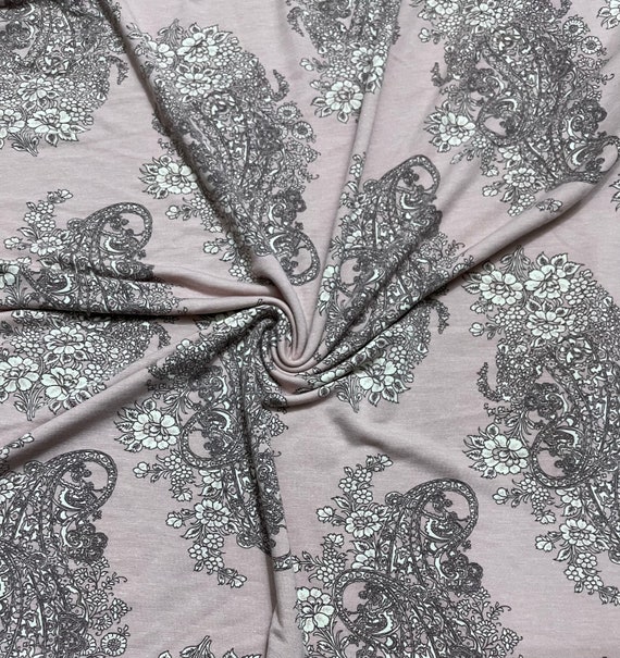 Stretch French Terry Knit Fabric Paisley Floral Pattern 2-yards