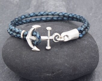 ANCHOR Braided Leather Cord Bracelet,92.5,Sterling Silver, For Him