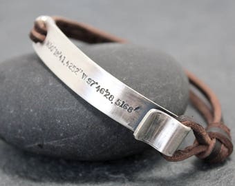 THE POINT,Leather Bracelet, Cuff, Men, id, name, initials,hand stamped,Latitude,Longitude,Sterling Silver,Location, customized, coordinates