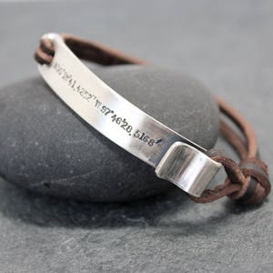 THE POINT,Leather Bracelet, Cuff, Men, id, name, initials,hand stamped,Latitude,Longitude,Sterling Silver,Location, customized, coordinates