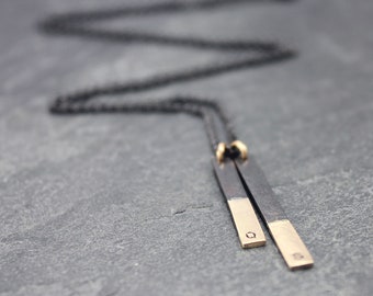 BLACK & GOLD, Vertical Bar, 14K gold, solid gold, yellow, necklace, Initial, name, monogram, engraving, custom text