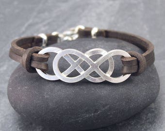 ADJUSTABLE DOUBLE INFINITY Cow leather Bracelet, Genuine Leather, cuff, for men, sterling, silver, eternity