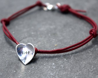 HEART CONCAVE, Leather bracelet, for women, Graduation, Red, Silver, Hand stamped, Engraved,Custom text, Message, Initial