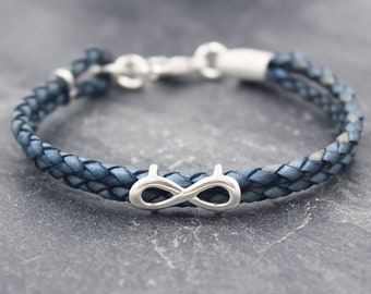 INFINITY Bead Braided Leather Cord Bracelet,92.5,Sterling Silver, For Him