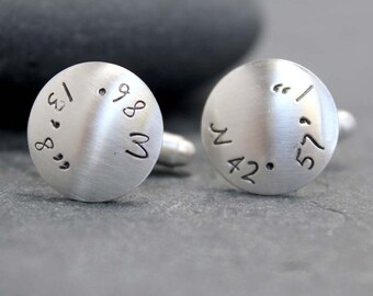 THE POINT Cuff links, Cufflinks, Men, name, initials, hand stamped,Latitude,Longitude,Sterling Silver,Location, customized, coordinates
