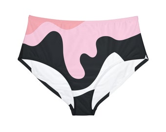 Hipster-Bikinihose mit hohem Bund in Rosa und Schwarz (AOP)