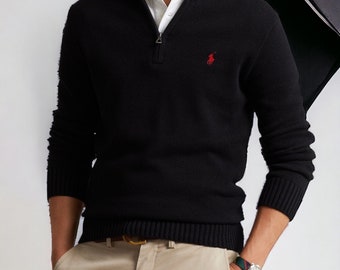 RALPH LAUREN Pull col en V à manches longues et fermeture éclair coupe classique inspiré pour homme Pull avec logo pour homme Cadeau chic pour le marié