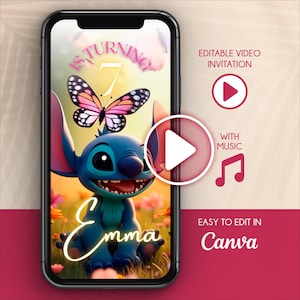 Puede incluir: Un teléfono inteligente muestra una invitación digital de cumpleaños con un personaje de dibujos animados azul, una mariposa y el nombre "Emma". La invitación incluye el texto "Is Turning 7" e invita a editar el vídeo en Canva.