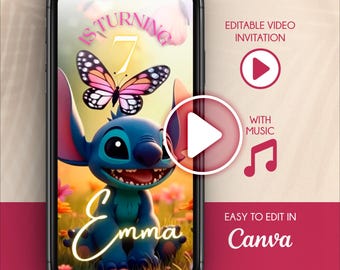 Stitch Animated Digital Invitation with Butterflies | Editable in Canva | Children&#39;s Birthday Invitation Video