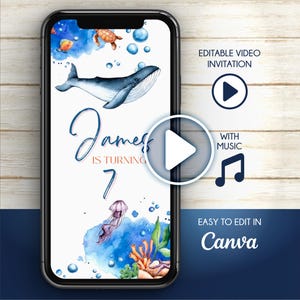 Könnte beinhalten: Eine digitale Einladung auf einem Smartphone-Bildschirm zeigt ein Aquarelldesign mit einem Wal, Meeresbewohnern und Blasen. Der Text lautet "James wird 7". Es ist eine bearbeitbare Videoeinladung mit Musik, einfach zu bearbeiten in Canva.